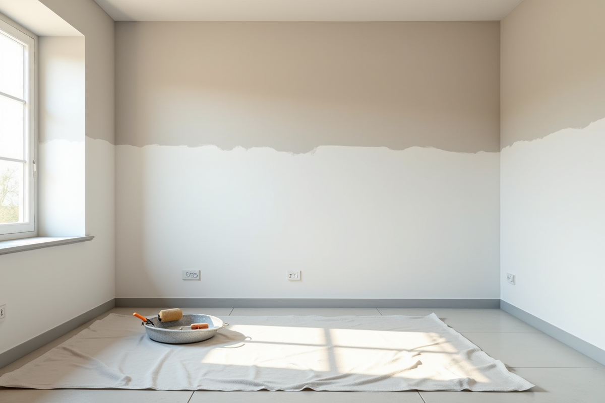Chambre en rénovation avec murs en primer et outils de peinture