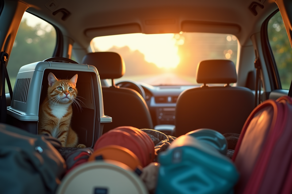 Chat inquiet dans une cage dans une voiture en déménagement