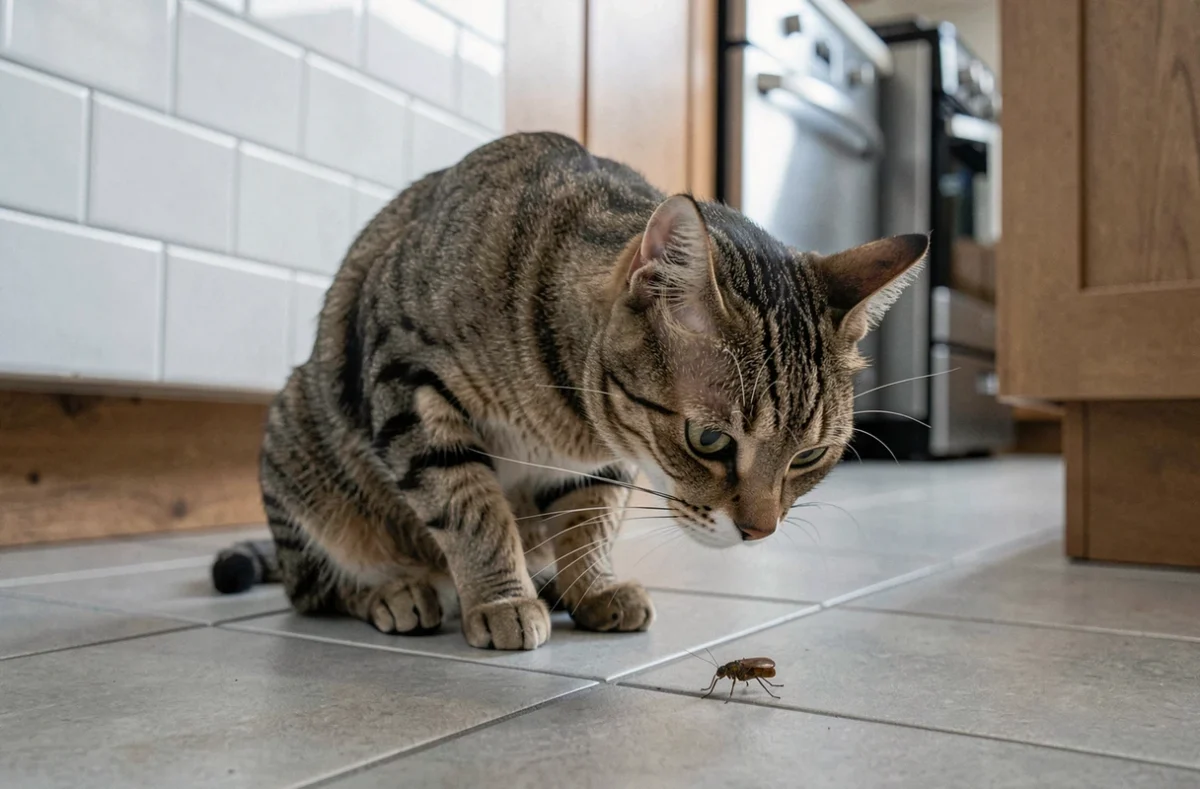 Chat tigré observant un petit insecte brun sur le sol carrelé d'une cuisine domestique
