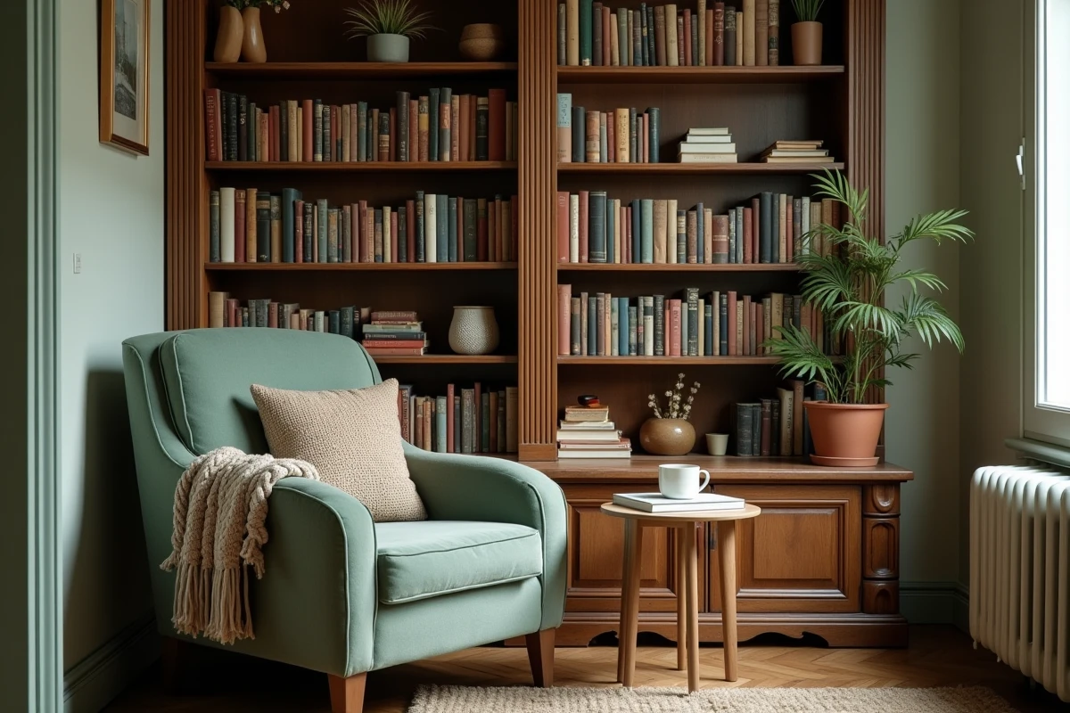 Coin lecture aménagé dans un petit appartement parisien avec bibliothèque murale et fauteuil en velours sage