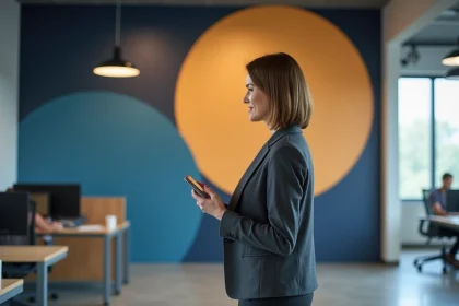 Femme cadre devant une fresque murale de marque dans un bureau moderne en open space, illustrant la communication par l'aménagement intérieur d'entreprise