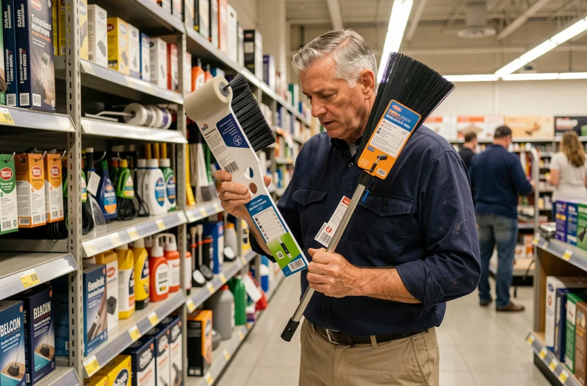 Homme comparant deux modèles de balais plafond spéciaux en magasin de bricolage pour choisir le meilleur outil contre les taches