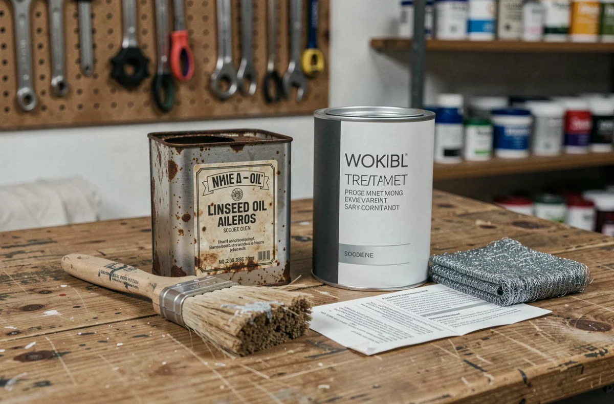 Comparaison entre un ancien bidon d'huile de lin rouillé et un nouveau produit de traitement du bois sur un établi d'atelier