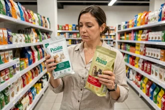 Femme comparant deux sacs de granules pour chats en rayon de supermarché, dont la marque Leclerc