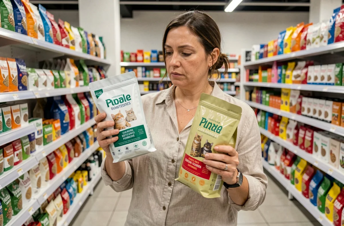 Femme comparant deux sacs de granules pour chats en rayon de supermarché, dont la marque Leclerc