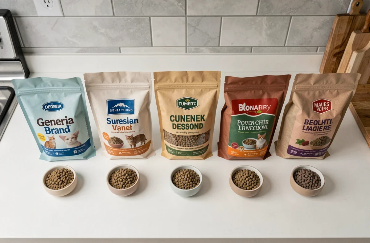 Comparatif de sacs de granules pour animaux de différentes enseignes posés sur un plan de travail de cuisine