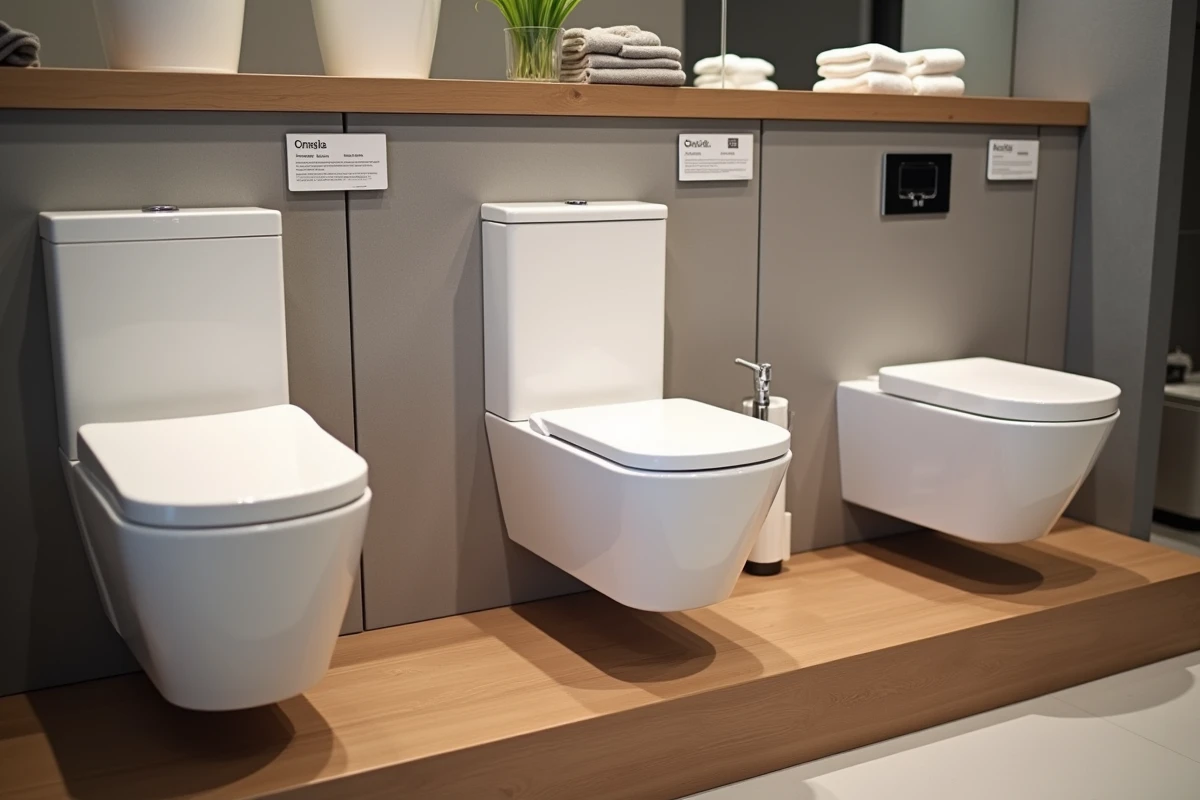 Présentation de trois modèles de réservoirs wc différents en showroom de salle de bain pour comparer les styles avant rénovation