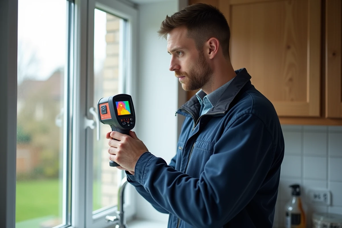Artisan utilisant un appareil de mesure thermique pour contrôler la conformité d'une fenêtre à double vitrage