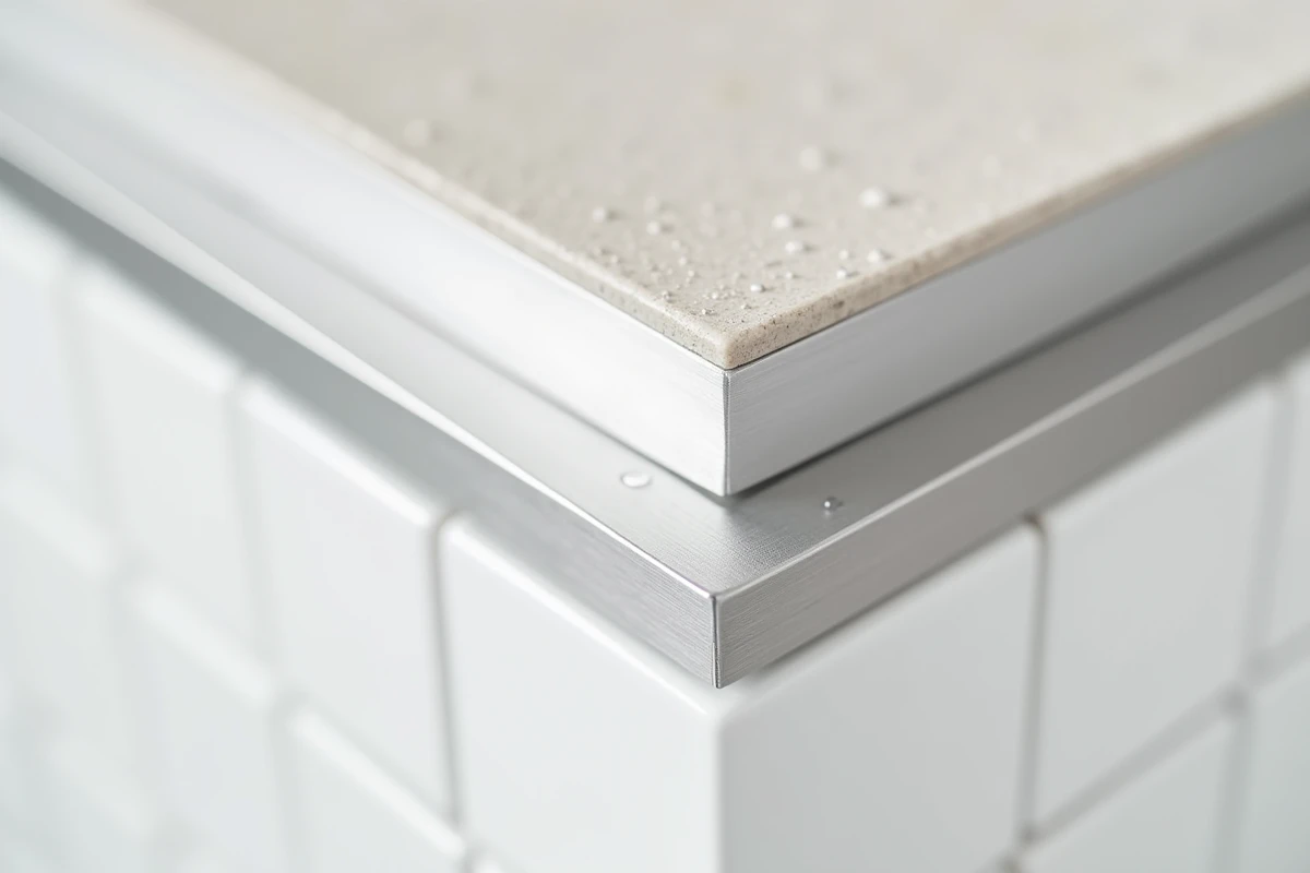 Gros plan sur une cornière en aluminium brossé installée entre un carrelage blanc et un plan de travail gris dans une cuisine moderne