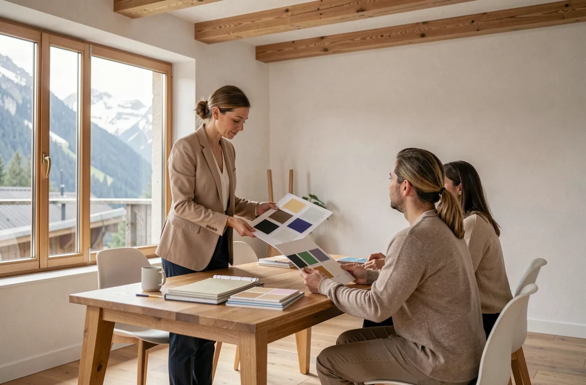 Une décoratrice de Cortese Agencement Déco présentant des échantillons de matériaux à des clients dans un appartement rénové en Savoie