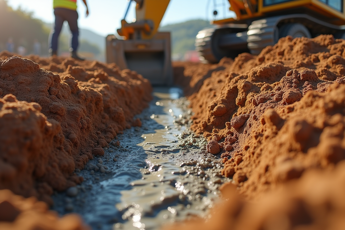 Ouvriers coulant le beton sur un sol préparé en plein jour
