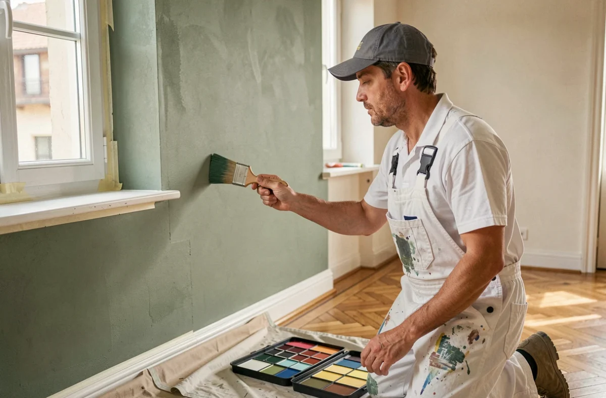Un peintre de Couleur 73 appliquant une peinture vert sauge sur le mur d'un appartement rénové en Savoie