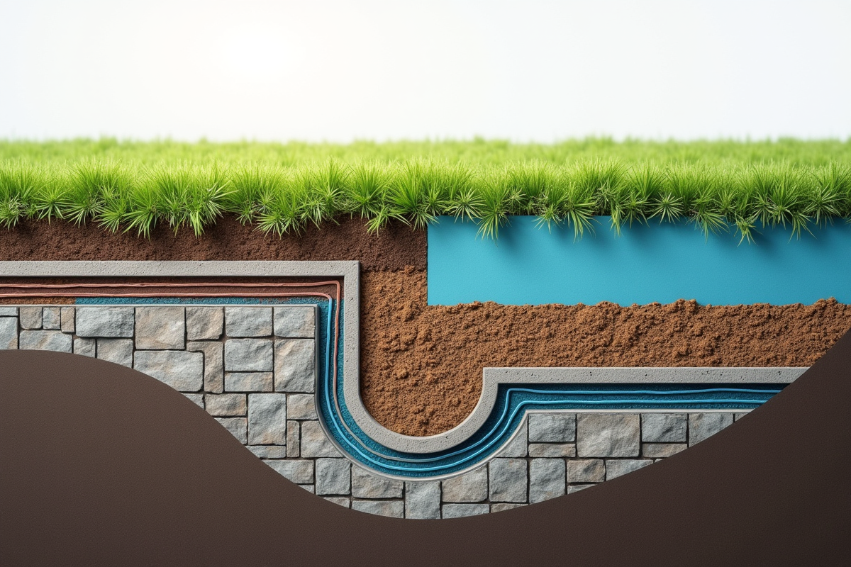 Vue en coupe des fondations protégées par étanchéité et drainage