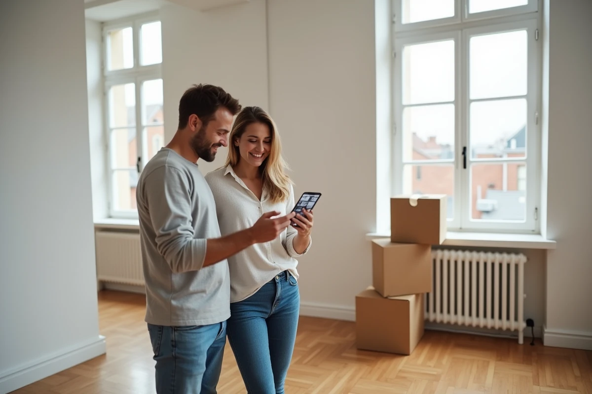 Couple consultant une application de décoration sur smartphone dans un appartement vide en cours de rénovation