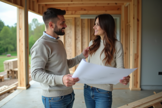 Couple discutant sur un chantier de construction moderne