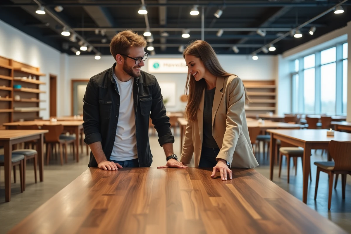 Couple choisissant un meuble en bois massif dans une grande enseigne de mobilier moderne