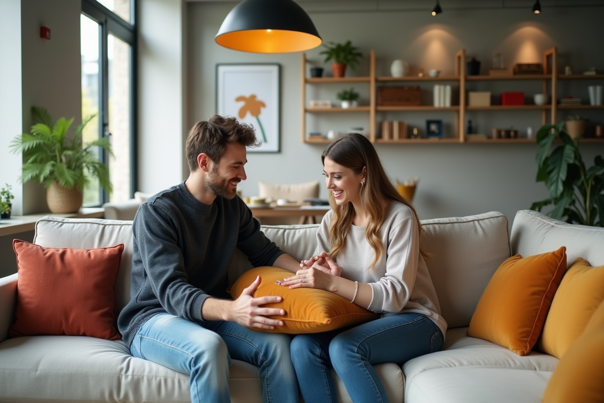 Jeune couple arrangeant des coussins sur un canapé lumineux