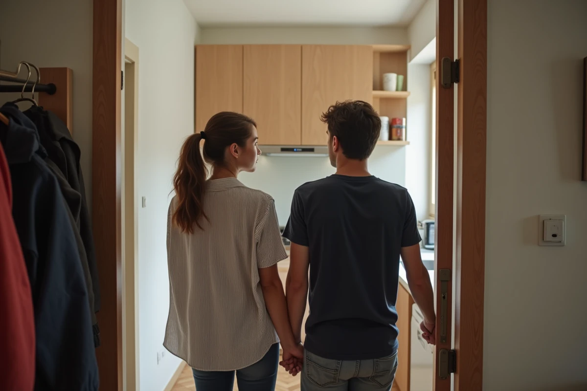 Couple évacuant leur appartement après avoir détecté une odeur suspecte de gaz près du réfrigérateur