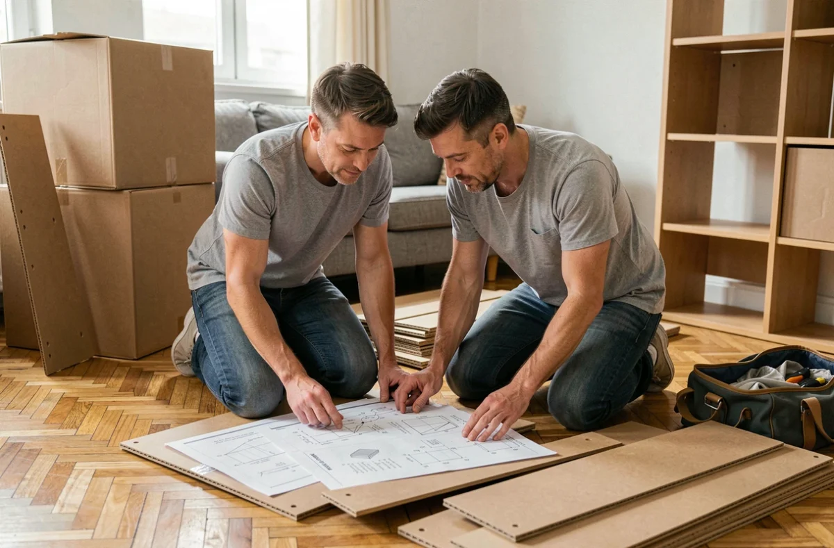 Couple assemblant des meubles en kit avec des instructions dans un salon en rénovation