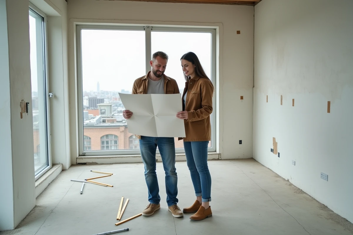 Couple examinant des plans architecturaux dans un appartement vide en cours de rénovation