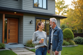 Couple souriant devant leur maison rénovée