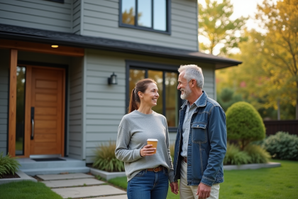 Couple souriant devant leur maison rénovée
