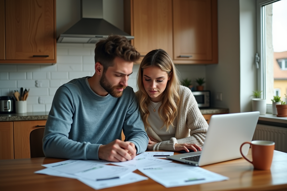 Jeune couple examine des factures de réparation toiture à la maison