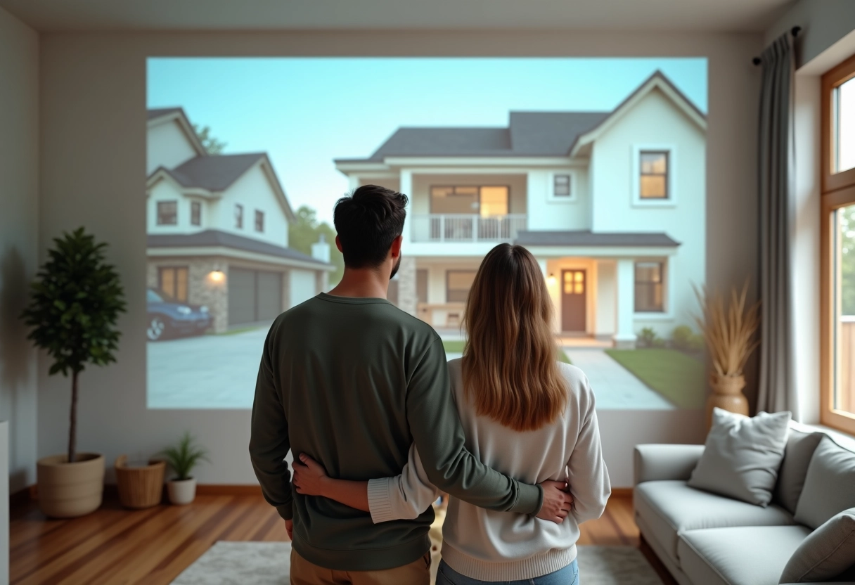Jeune couple regardant un plan virtuel de renovation dans leur salon