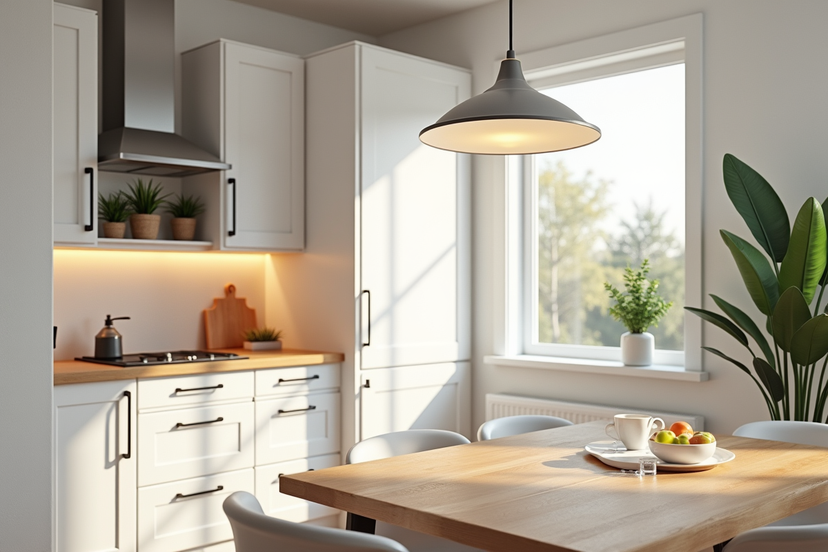 Cuisine contemporaine lumineuse avec table et plantes décoratives