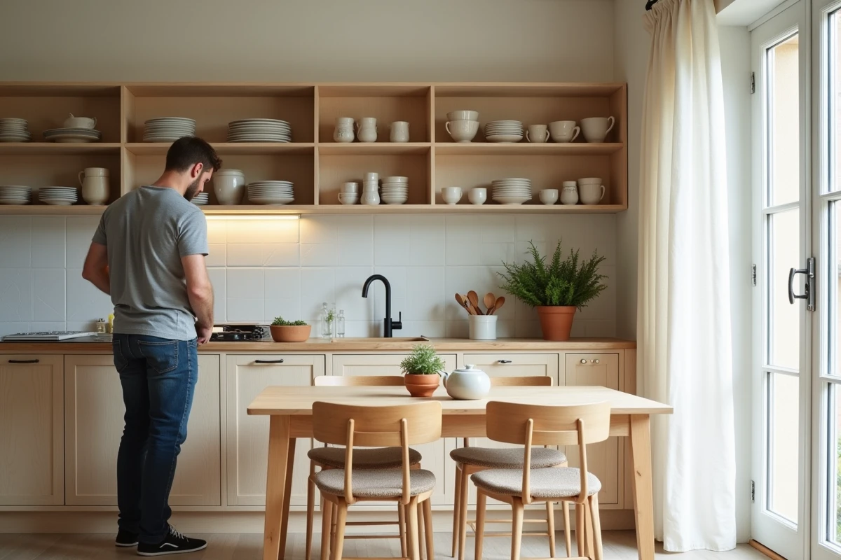 Cuisine ouverte optimisée dans un petit espace de vie avec rangements malins et décoration naturelle