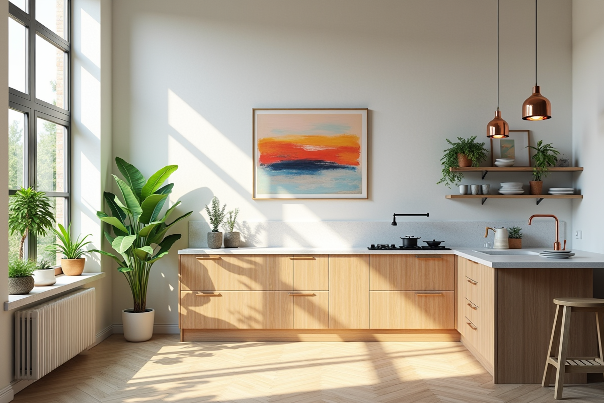 Cuisine loft scandinave avec plantes vertes et œuvres colorées