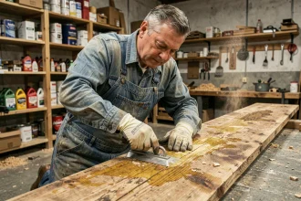 Artisan en atelier décapant un ancien traitement à l'huile de lin sur une planche de chêne avec un grattoir métallique