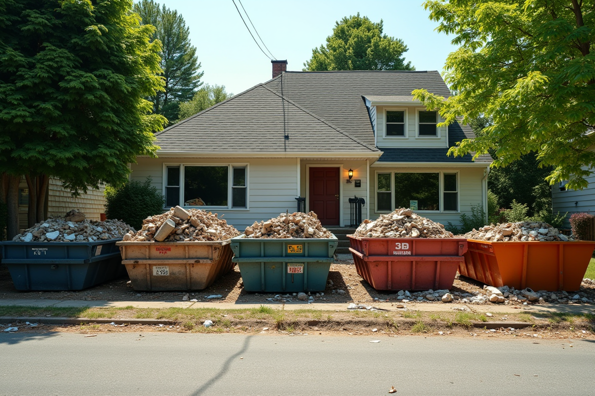 Plusieurs bennes de différentes tailles devant une maison en rénovation