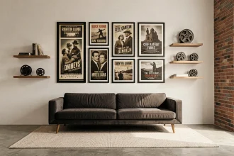 Salon décoré avec des affiches de cinéma vintage encadrées et des accessoires cinématographiques dans un style lounge moderne