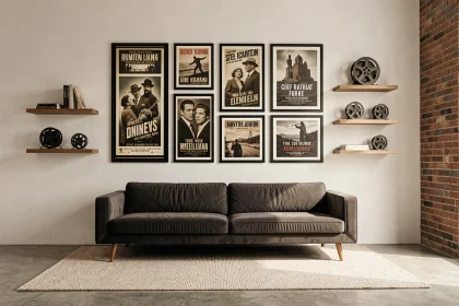 Salon décoré avec des affiches de cinéma vintage encadrées et des accessoires cinématographiques dans un style lounge moderne