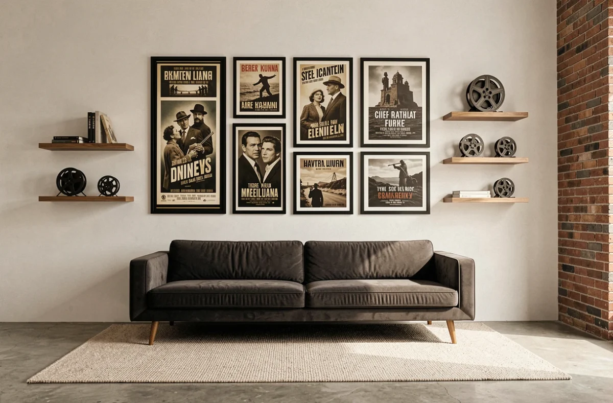 Salon décoré avec des affiches de cinéma vintage encadrées et des accessoires cinématographiques dans un style lounge moderne