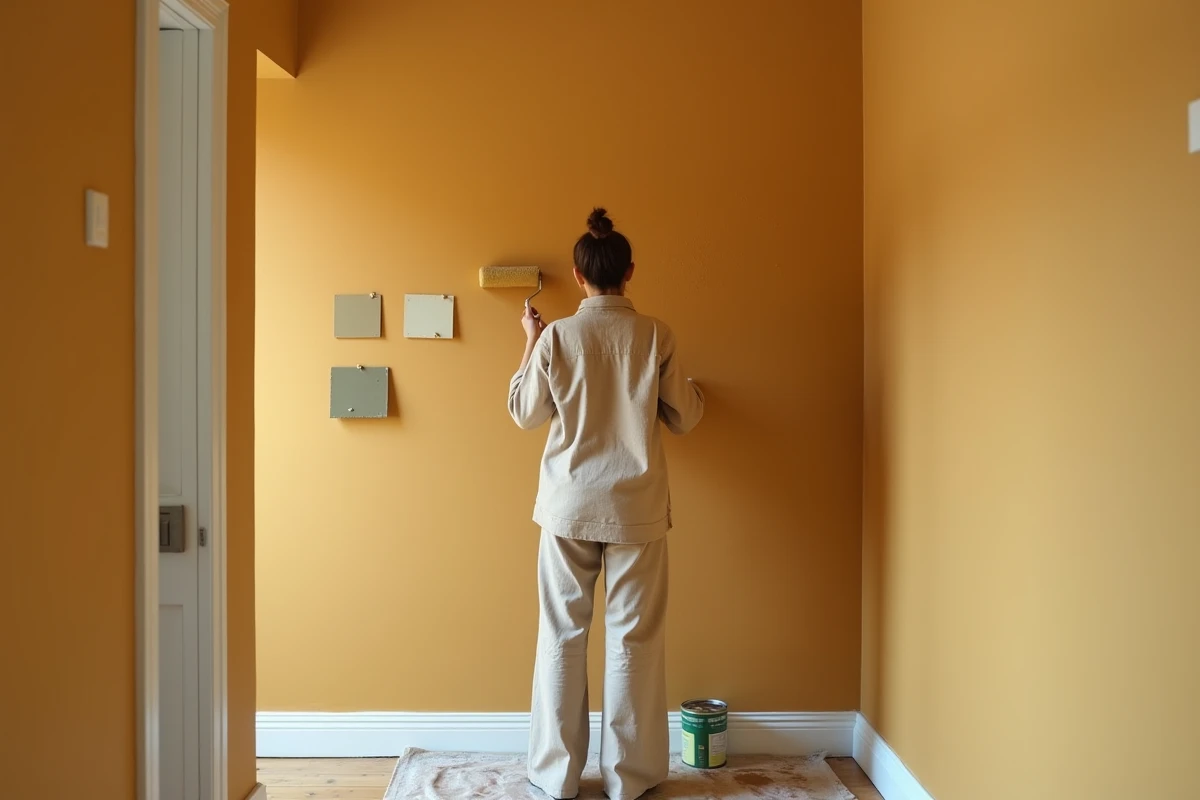 Femme appliquant une peinture ocre chaude dans une entrée nord exposée, avec des échantillons de couleurs chaudes au mur