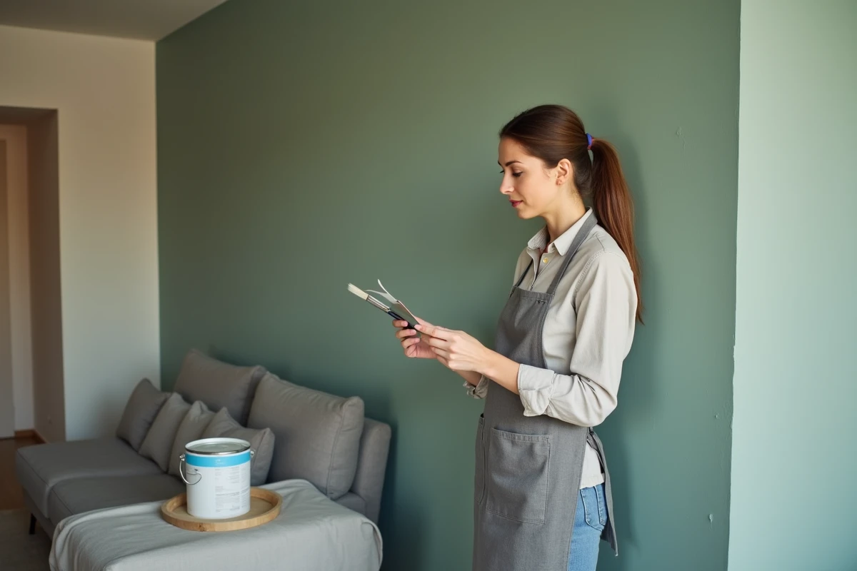 Décoratrice d'intérieur comparant un nuancier de couleurs devant un mur fraîchement peint en vert sauge dans un salon en cours de rénovation