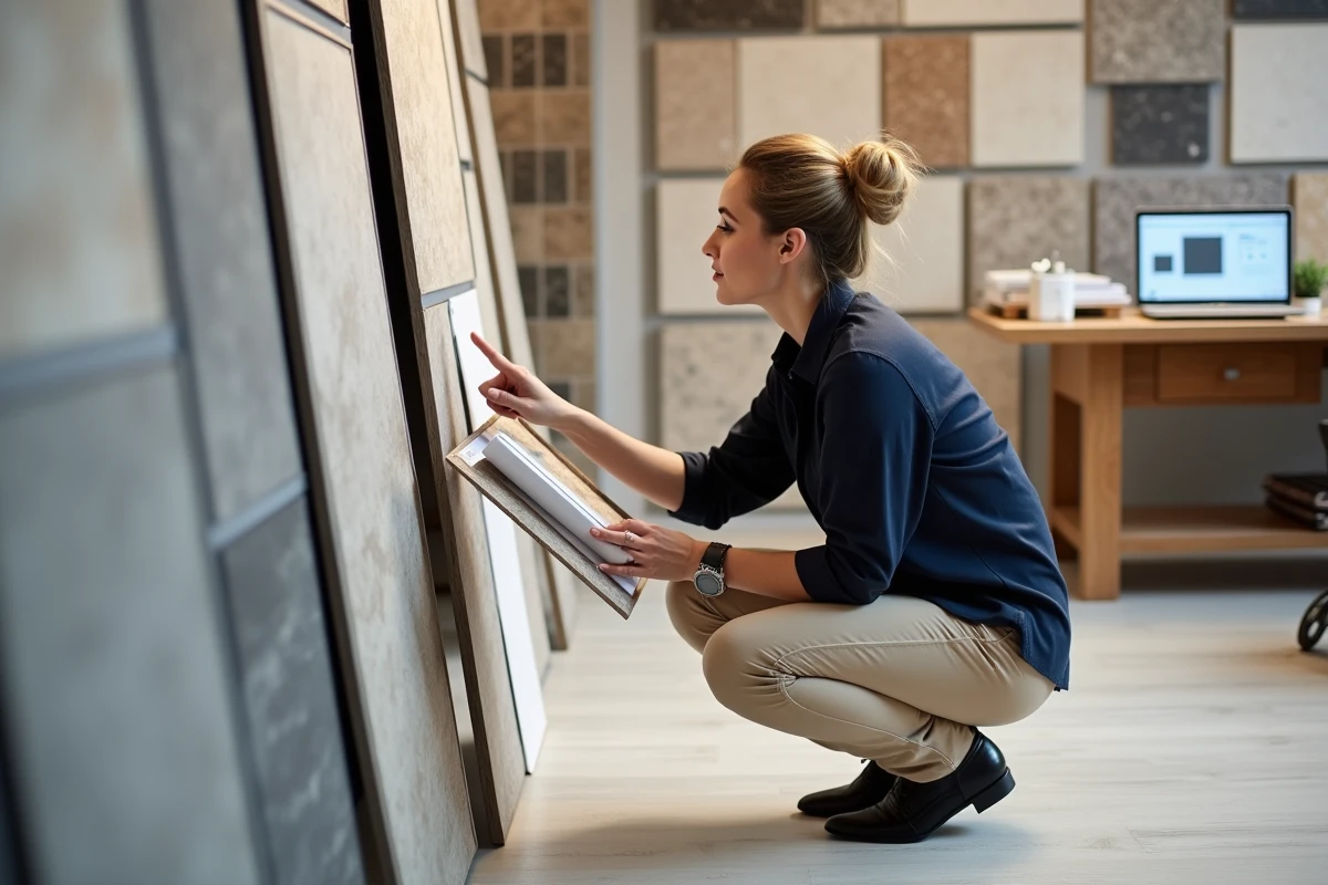 Designer d'intérieur comparant des échantillons de carrelage et un devis dans un showroom professionnel