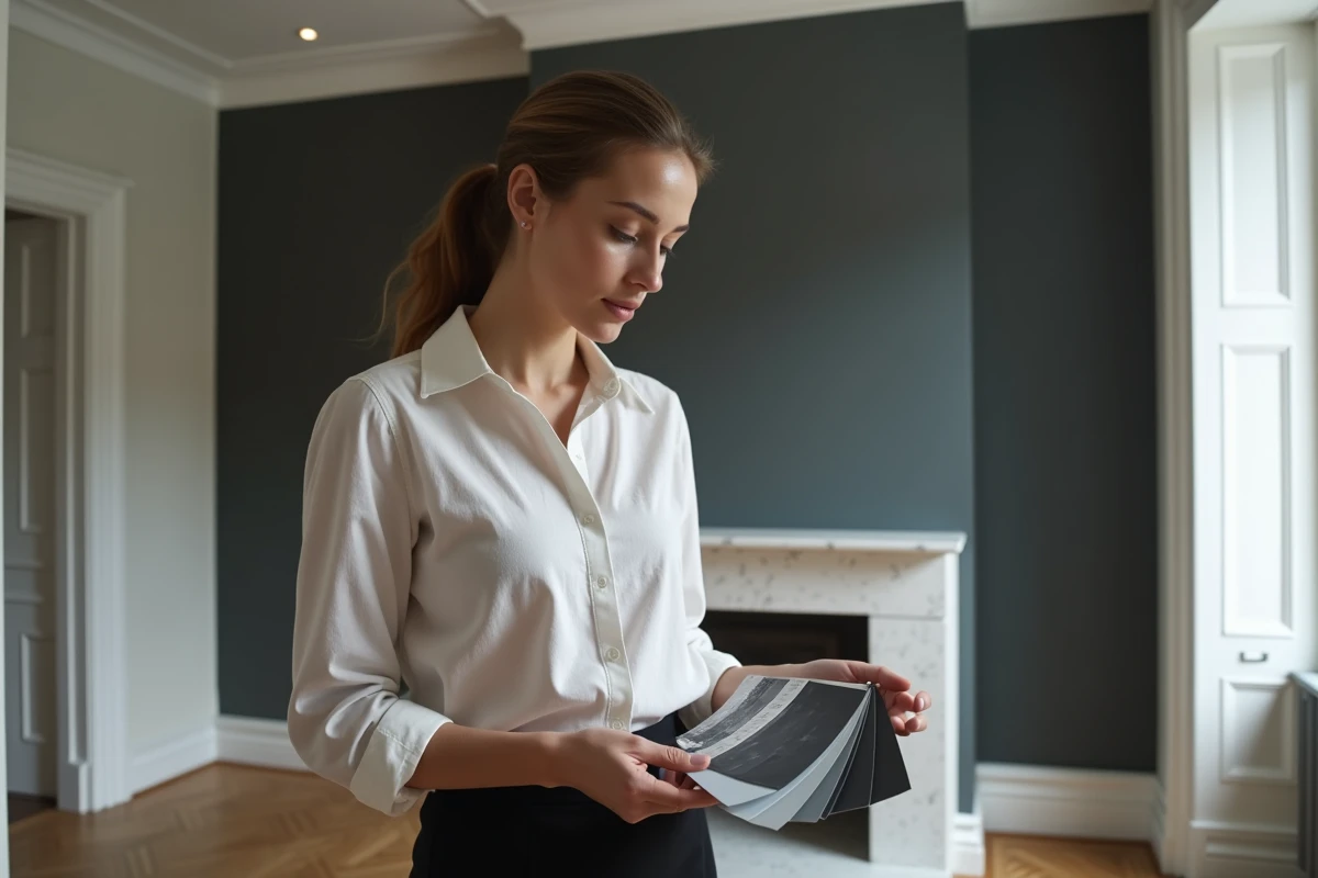 Designer d'intérieur tenant des échantillons de peinture noir et blanc devant un mur anthracite dans un salon en rénovation