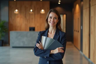 Designer d'intérieur professionnelle tenant un nuancier dans un lobby de bureau rénové avec des matériaux nobles et une décoration contemporaine