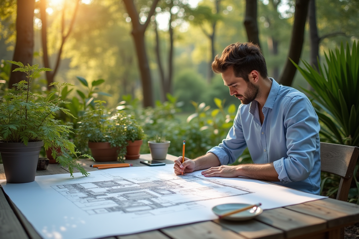 Architecte paysagiste dessinant un plan de jardin en extérieur