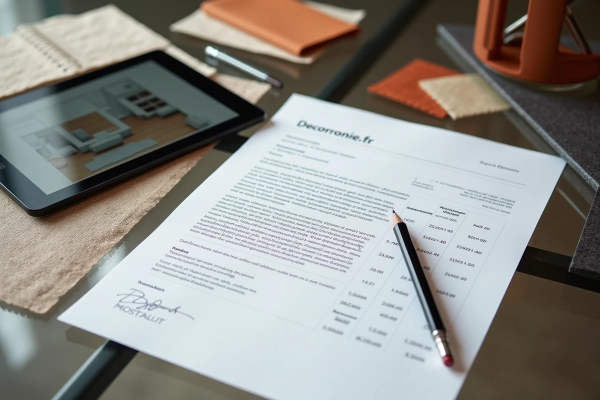 D&eacute;tail d'un devis de d&eacute;coration professionnelle pos&eacute; sur une table avec des &eacute;chantillons de mat&eacute;riaux et une maquette architecturale