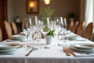 Disposition classique des verres sur une table dressée formellement avec nappe blanche et verrerie en cristal