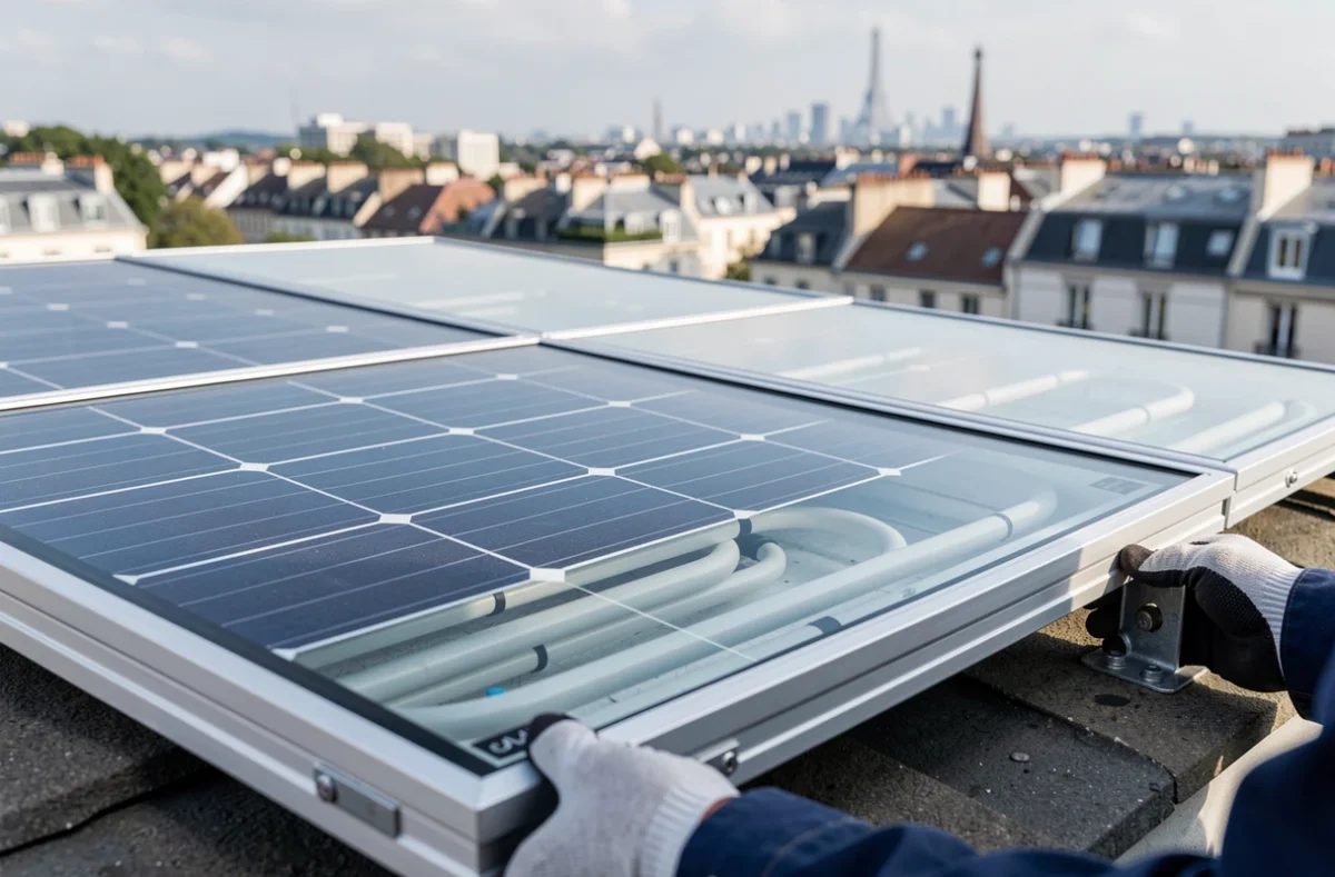 Détail d'un panneau solaire hybride DualSun en cours d'installation sur un toit en Seine-Saint-Denis