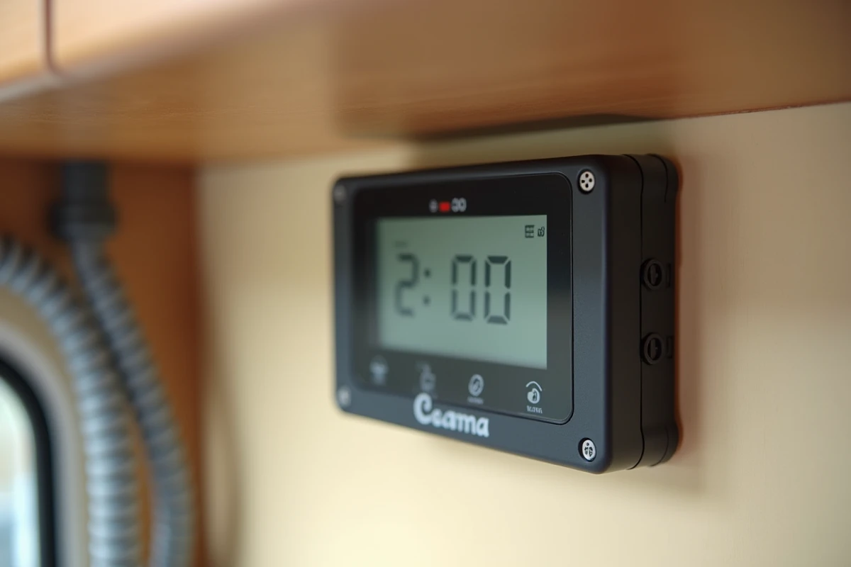 Gros plan sur l'écran de contrôle numérique d'un Truma Combi 4 affichant un code d'erreur à l'intérieur d'un camping-car