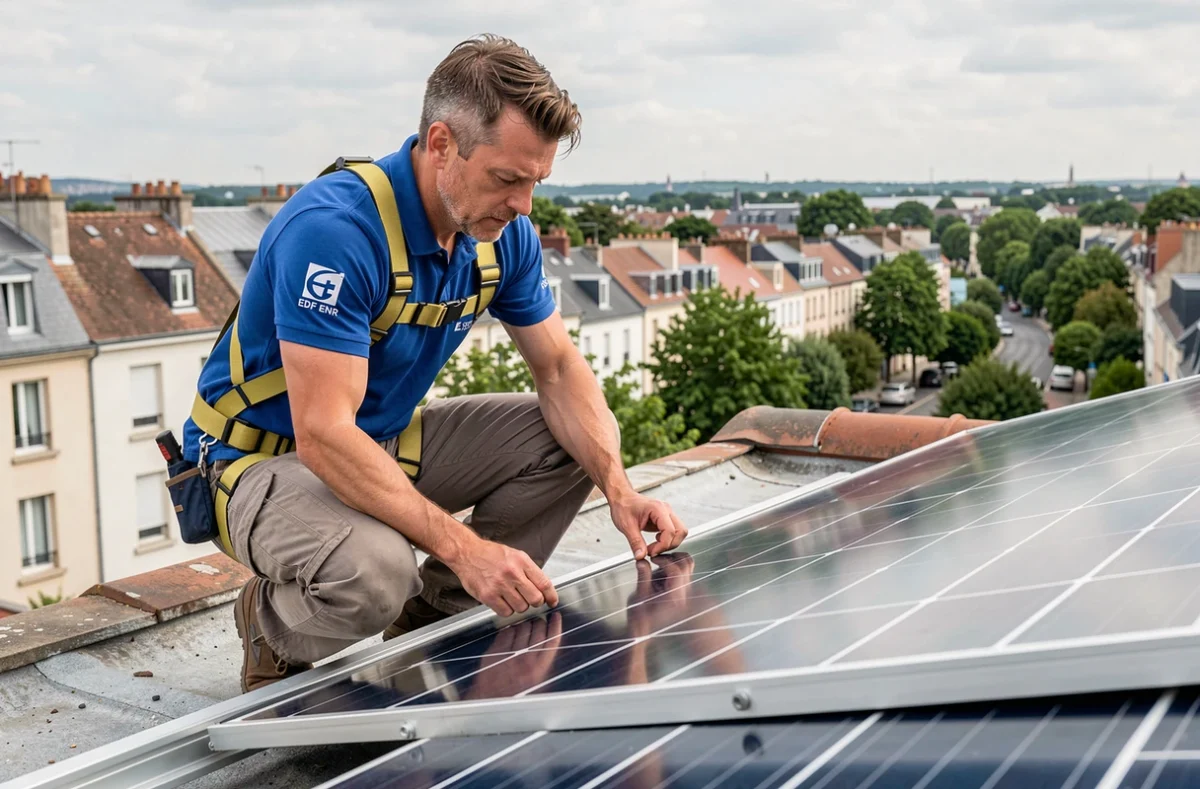 Technicien EDF ENR installant des panneaux solaires sur un toit résidentiel en banlieue parisienne