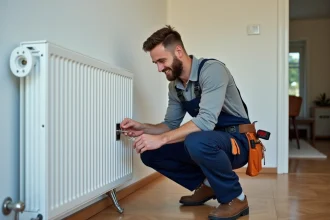 Électricien homme en overalls installant une prise murale