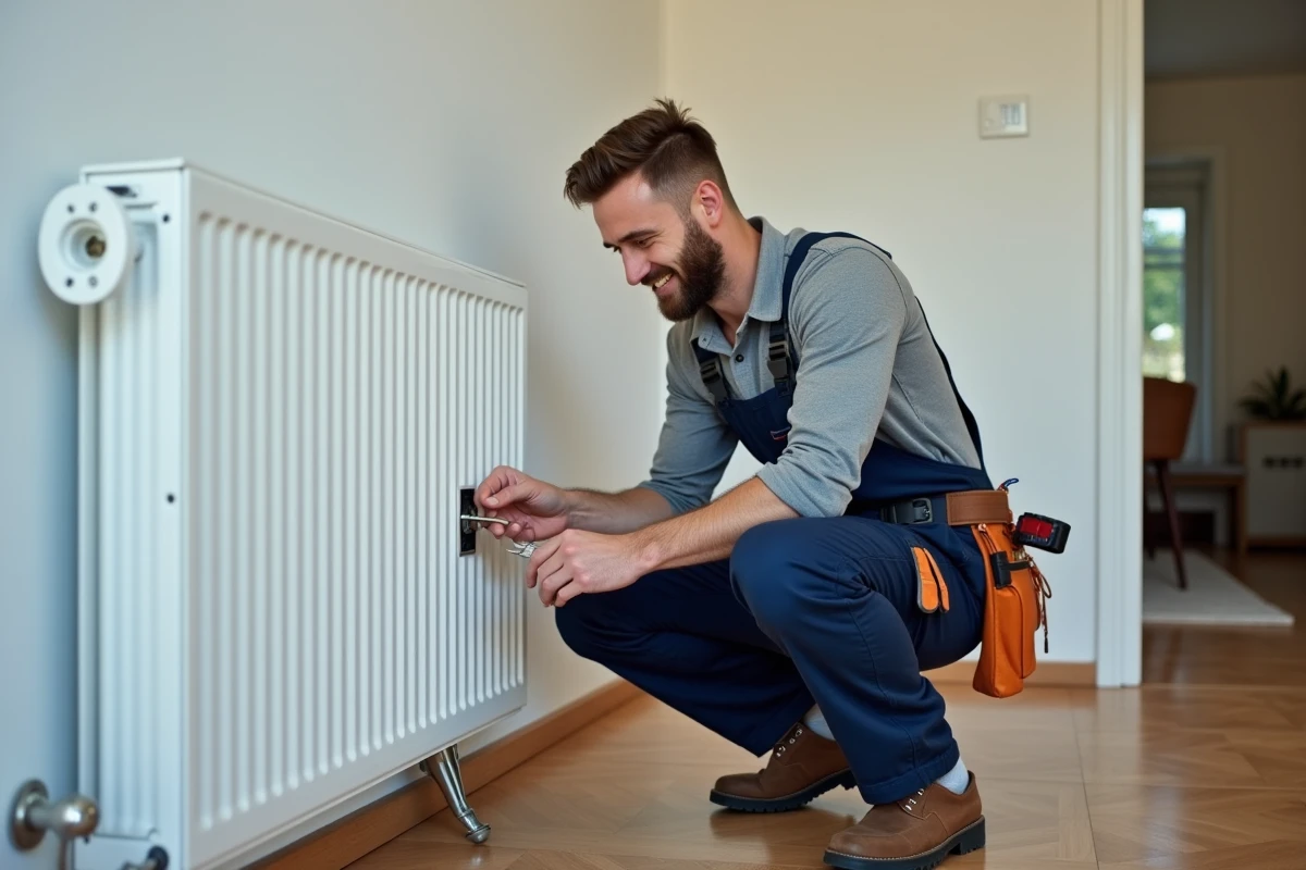 Électricien homme en overalls installant une prise murale