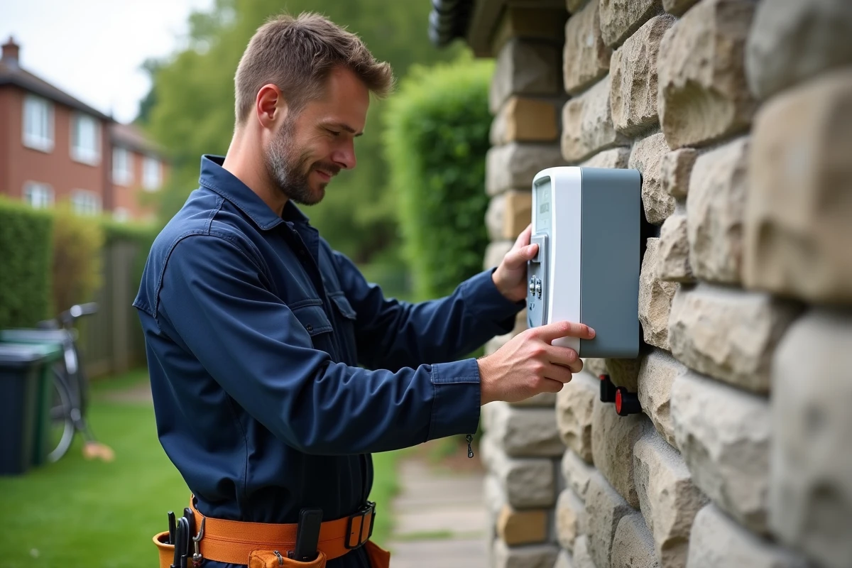 &Eacute;lectricien en ext&eacute;rieur installe un compteur intelligent